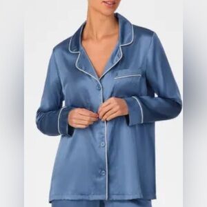 Neiman Marcus Satin Pajama Set in Blue with White Trim